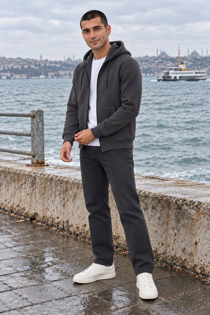 Hooded 3 Thread Full Zipper Hooded and Pocketed Winter Men's Smoked Sweatshirt