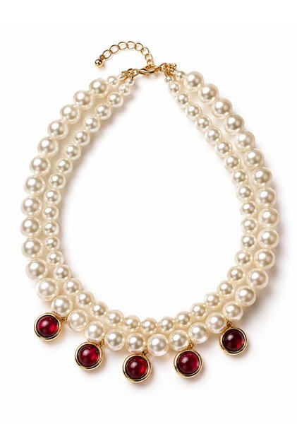 Burgundy Stone 2 Row Pearl Necklace