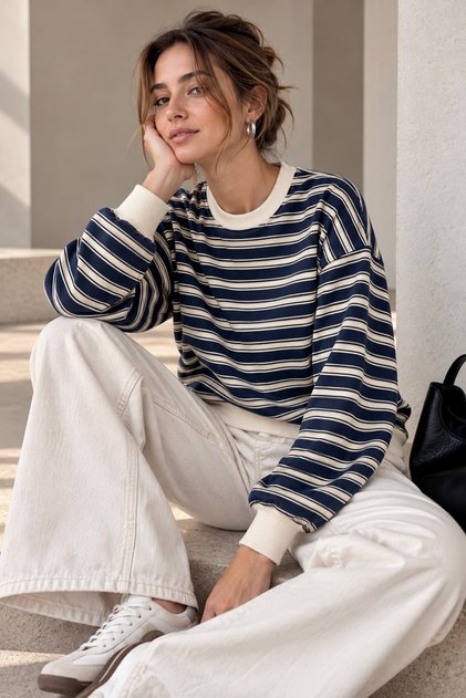 Women's Striped Crew Neck 2 Thread Sweatshirt Comfortable Fit My3535