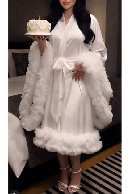 Elegant White Satin Bridal Robe with Feather or Tulle (Ruffles) Detailing on the Sleeves and Hemline