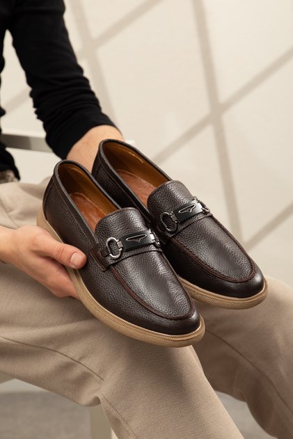Genuine Leather Men's Loafer Laceless Inner and Outer Leather Shoes