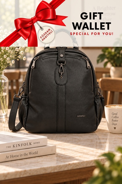 Original Soft Leather Women's Backpack and Shoulder Bag with Black Wallet