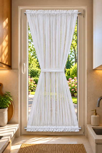 Foldet Briz Kelebek 1-3 Folded Pleated Tulle Curtain for Door and Window, Off-White Ecru, Rods Included