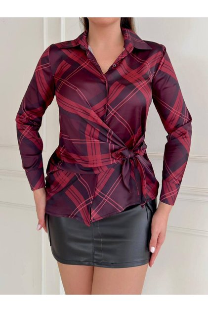 Plaid Pattern Satin Blouse with Tie Detail