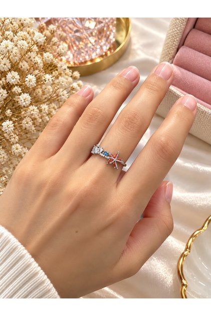 Silver Color Women's Ring with Colorful Stone and Starfish Figure