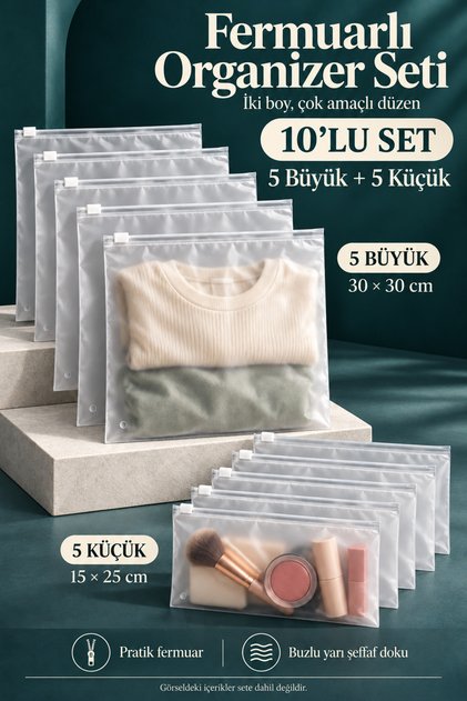 10'lu Valiz Dolap Içi Düzenleyici Organizer Buzlu Fermuarlı Poşet Zipper Torba 5 Adet 30 Cm X 30 Cm 5 Adet 15 Cm X 25 Cm