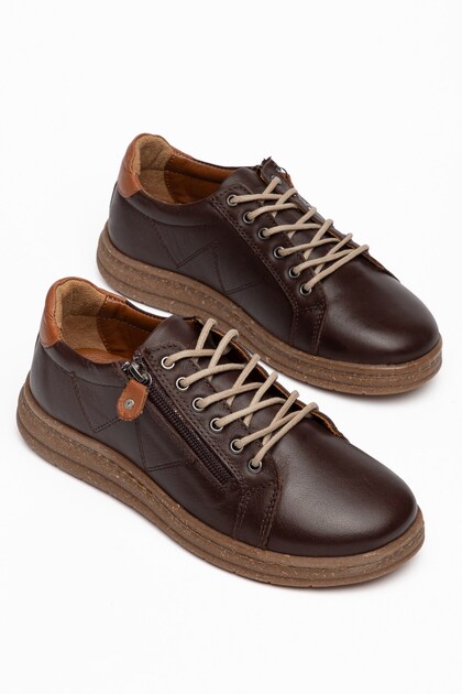 Brown Genuine Leather Orthopedic Women's Casual Shoes with Zipper and Laces