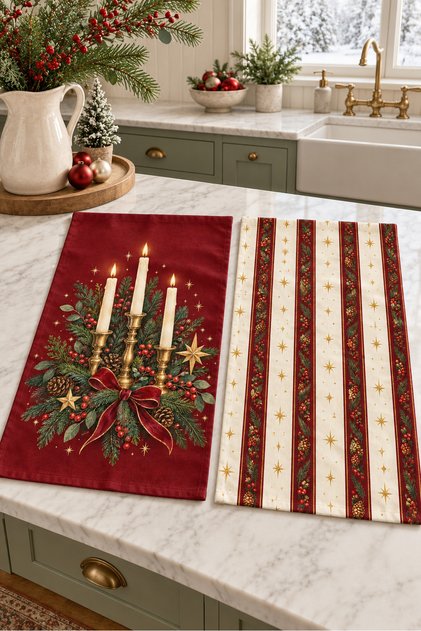 Candlelight Christmas Candlestick Candle Star Burgundy Cream Striped Christmas Patterned 2-Piece Kitchen Towel Set 35X55