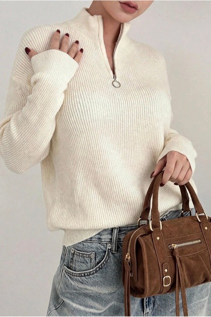 White Regular Half Fisherman Bato Collar Plain Knitwear Sweater