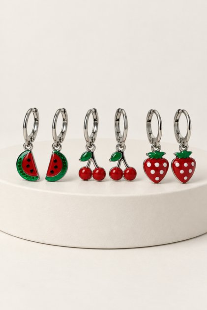 Children's Cherry Strawberry Watermelon Apple Daisy Figured Dangle Hoop Earrings – Colorful Enamel Gold Plated Cute Fruit Earrings