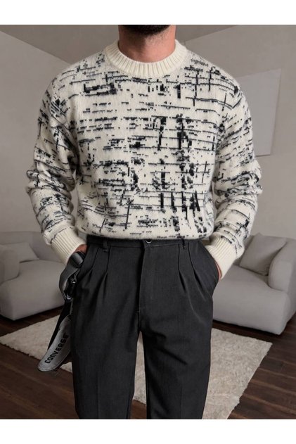 Men's Abstract Patterned Crew Neck Knit Sweater