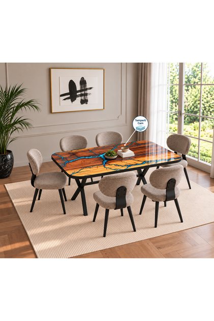 ATLAS CAMLI MUTFAK MASASI TAKIMI 80*140 6 SANDALYELİ
