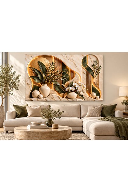 Decorative Canvas Painting with White Orchid and Olive Branch Pattern on Marble Background with Gold Detail