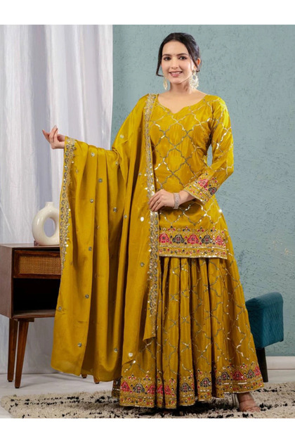 Yellow Chinon Silk Floral Embroidered Sharara Suit Set - FFT101033 | Yellow-Size:2XL-44-Inches