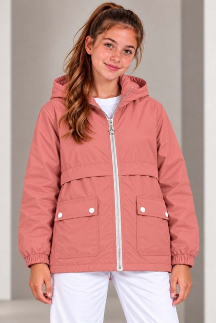 Girl's Hooded Pocketed Lined Seasonal Basic Raincoat