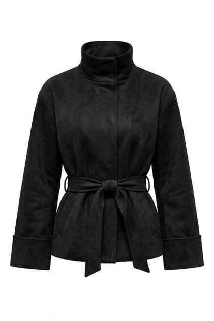 Suede Stand Collar Belted Coat-Black Black