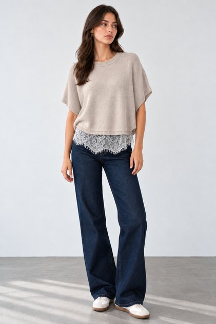 Women's Beige Crew Neck Short Sleeve Lace Cotton Knit Sweater