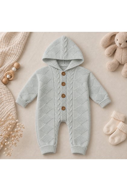Hooded, Diamond and Knit Patterned, Wooden Buttoned Knitwear Baby Romper