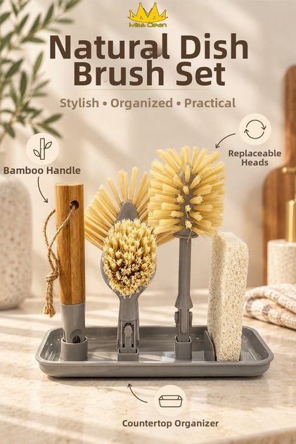 Natural Bamboo Handle Dish Brush Set – Multi-Purpose Kitchen Cleaning Set with Replaceable Heads and Stand