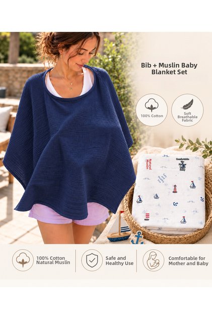 Minora Navy Blue Nursing Cover-Bib and Muslin Cover Set 100% Cotton Mother and Baby Set – Sailor Pattern