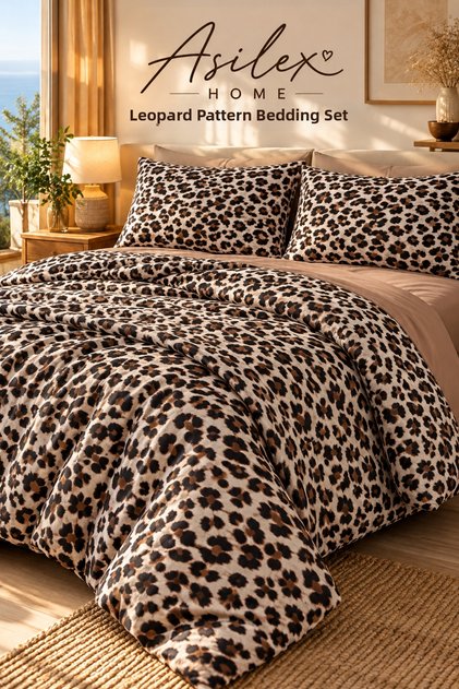 Leopard Patterned Double Duvet Cover Set 4 Pieces 70% Cotton Brown Sheets 200X230 cm