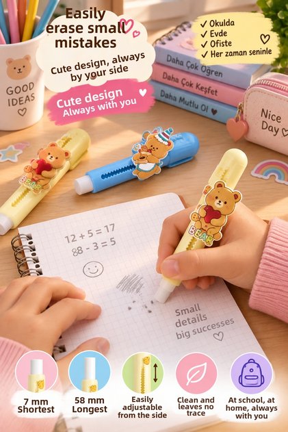 Adjustable Length Pen Type Eraser 100mm Teddy Bear Design Yellow Vd076