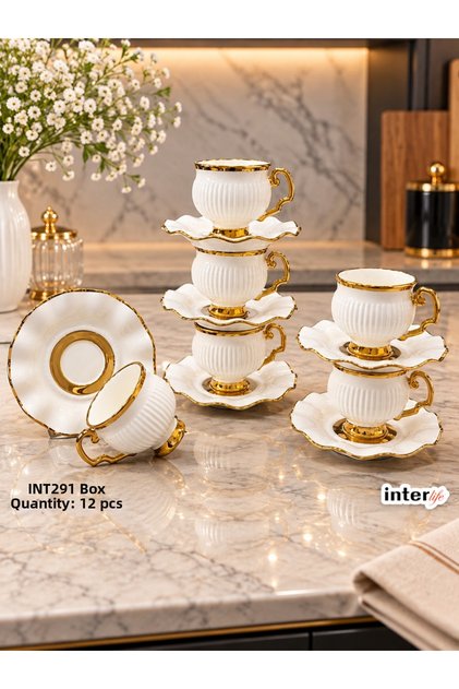 6-Person Striped Turkish Coffee Cup Set with White Gold Gilded Ribbed Feet