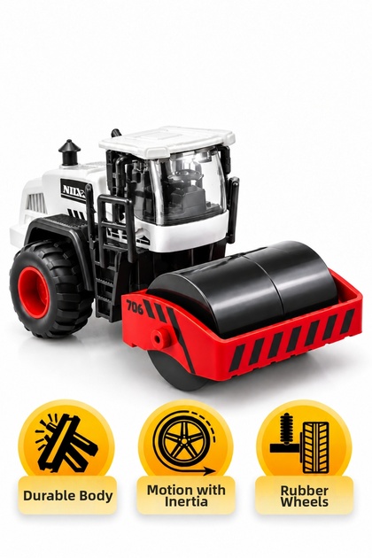 Toy Road Roller 14 cm – Inertial Moving Asphalt Roller, Construction Vehicle with Rubber Wheels