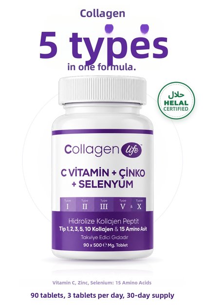 5 Types of Hydrolyzed Collagen Types 1, 2, 3, 5 and 10 Collagen & 15 Amino Acids 90 Tablets - Contains Vitamin C, Zinc, and Selenium