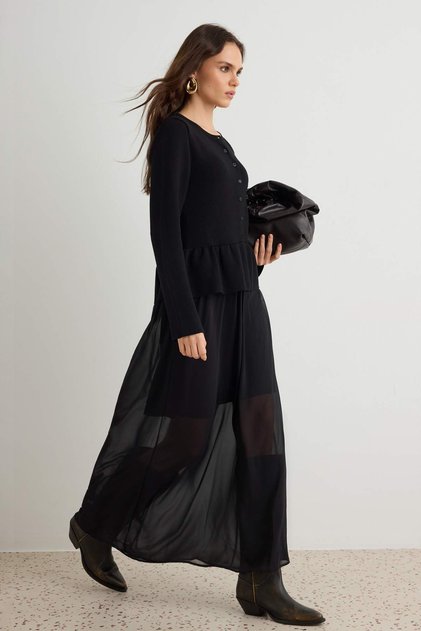 Black Maxi Knitwear Skirt Hem Woven Skirt and Lining Detailed Dress Twoaw27El00158