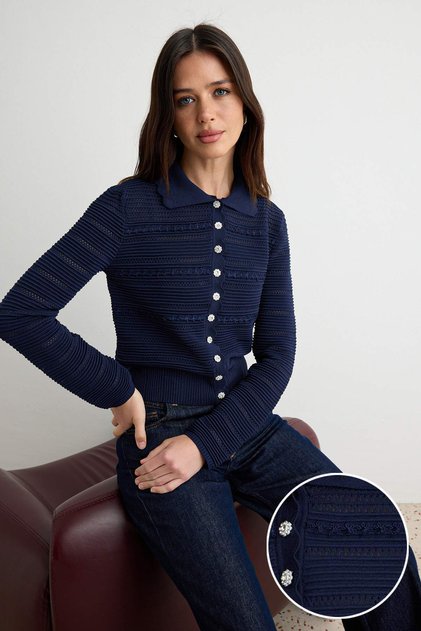 Navy Blue Floral Lace Detailed Knitwear Cardigan Twoaw27Hi00207