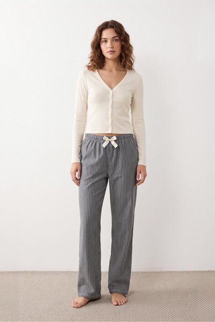 Women's Striped 100% Cotton Gray Pajama Bottoms