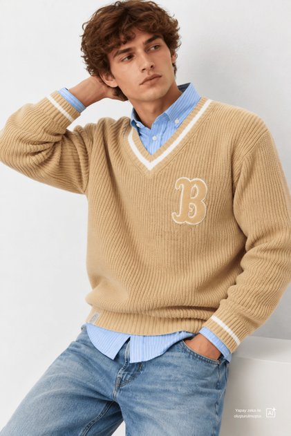 HEYOKA Koyu Bej Bisiklet Yaka Nakışlı Loose Fit Erkek Triko