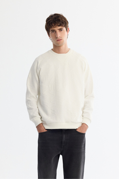 Men's Ecru Crew Neck Printed Elastane Regular Fit Sweatshirt A42Y1335