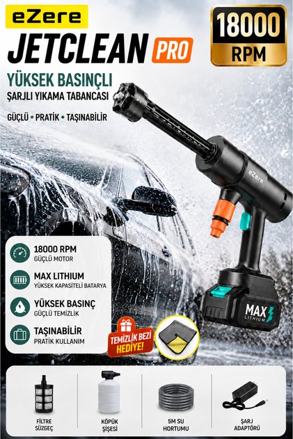 JetClean Pro 18000rpm Şarjlı Yüksek Basınçlı Araç ve Bahçe Yıkama Temizleme Tabancası