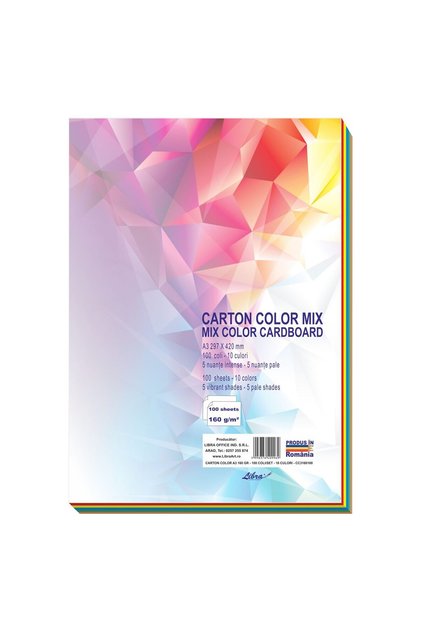 Set de carton colorat MIX A3 160g, 100 coli, 10 culori x 10 coli