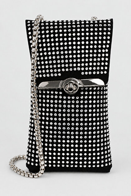 Women's Chain Strap Stone Phone Bag -Black