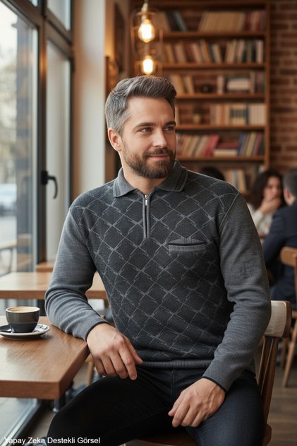 Men's Gray Anti-Pilling Standard Fit Polo Neck Knit Sweater with Pockets