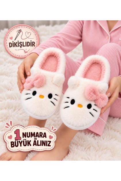 Women's Powder Hello Figured Plush Slippers Home Slippers