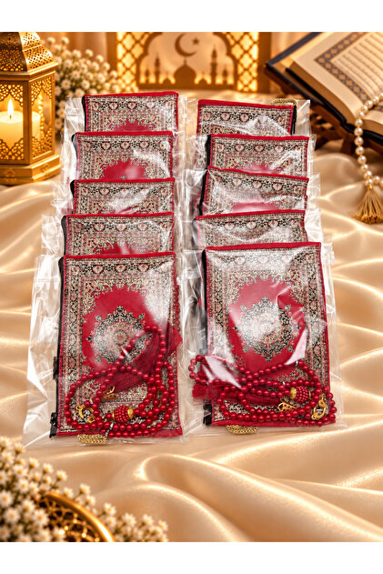 10 Pieces Burgundy Wallet and Prayer Beads Set Hajj Umrah Mevlid Gift
