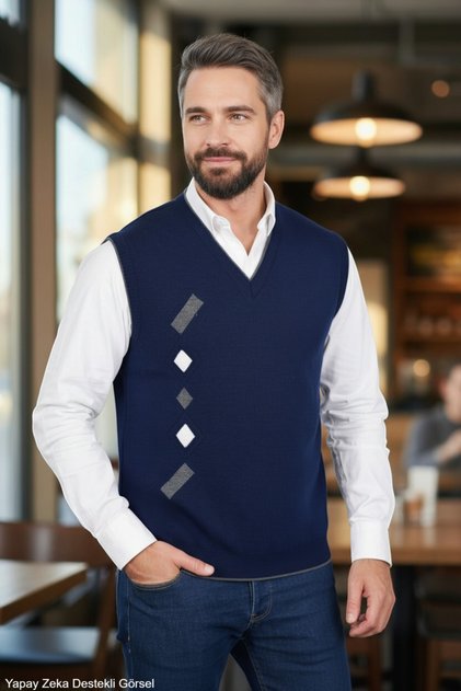 Navy Blue Men's Steel Knit Winter Thick Knitwear V-Neck Knitwear Knit Non-Pilling Jumpers