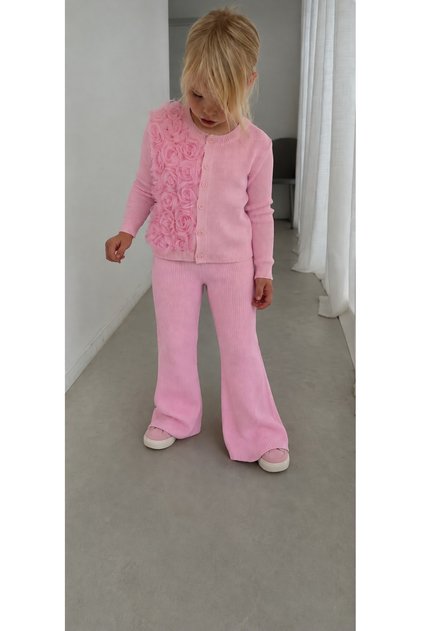 Girl's Floral Detailed Knitwear Cardigan and Flared Pants 2-Piece Set - Dusty Rose, Pink, Lilac