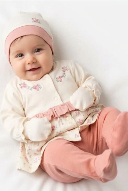 Baby Girl 0-3 Months Organic Cotton Flower Embroidered 5-Piece Hospital Release Zibin Set