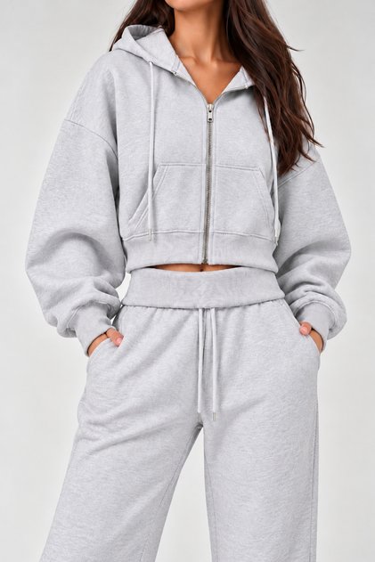 Gray 3 Threaded Iron Zipper Oversize Waist Length Sweatshirt