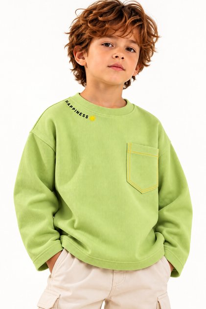 Unisex Çocuk Happiness Nakışlı Cepli Fitilli Kaşkorse Tişört
