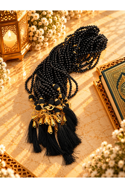 50 Pieces Black Gift-Vaished Plastic Pearl Prayer Beads with Tassels (Mevlit-Circumcision-Hajj-Umrah)