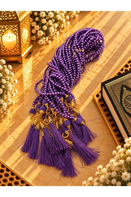 50 Pieces Purple Gift Plastic Pearl Prayer Beads with Tassels (Mevlit-Circumcision-Hajj-Umrah)