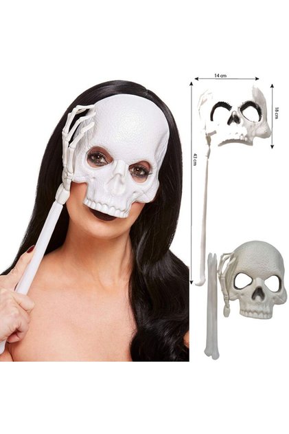 Halloween İskelet Beyaz El Tutmalı Kurukafa Kafatası Maskesi Sopalı 1 adet