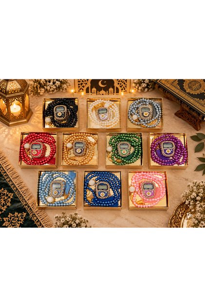10 Pieces Mixed Gift Box with Gold Box, Prayer Beads and Stone Zikirmatik Set (Mevlit-Sünnet-Hac-Umre)