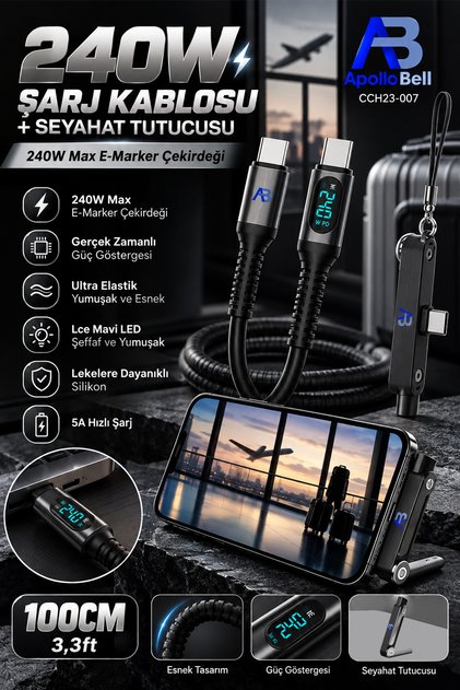 240W Süper Hızlı Şarj Kablosu ve Şarj Özellikli USB-C Telefon Tutucu 360° Döner Masaüstü Stand 100 cm Siyah CCH23-007
